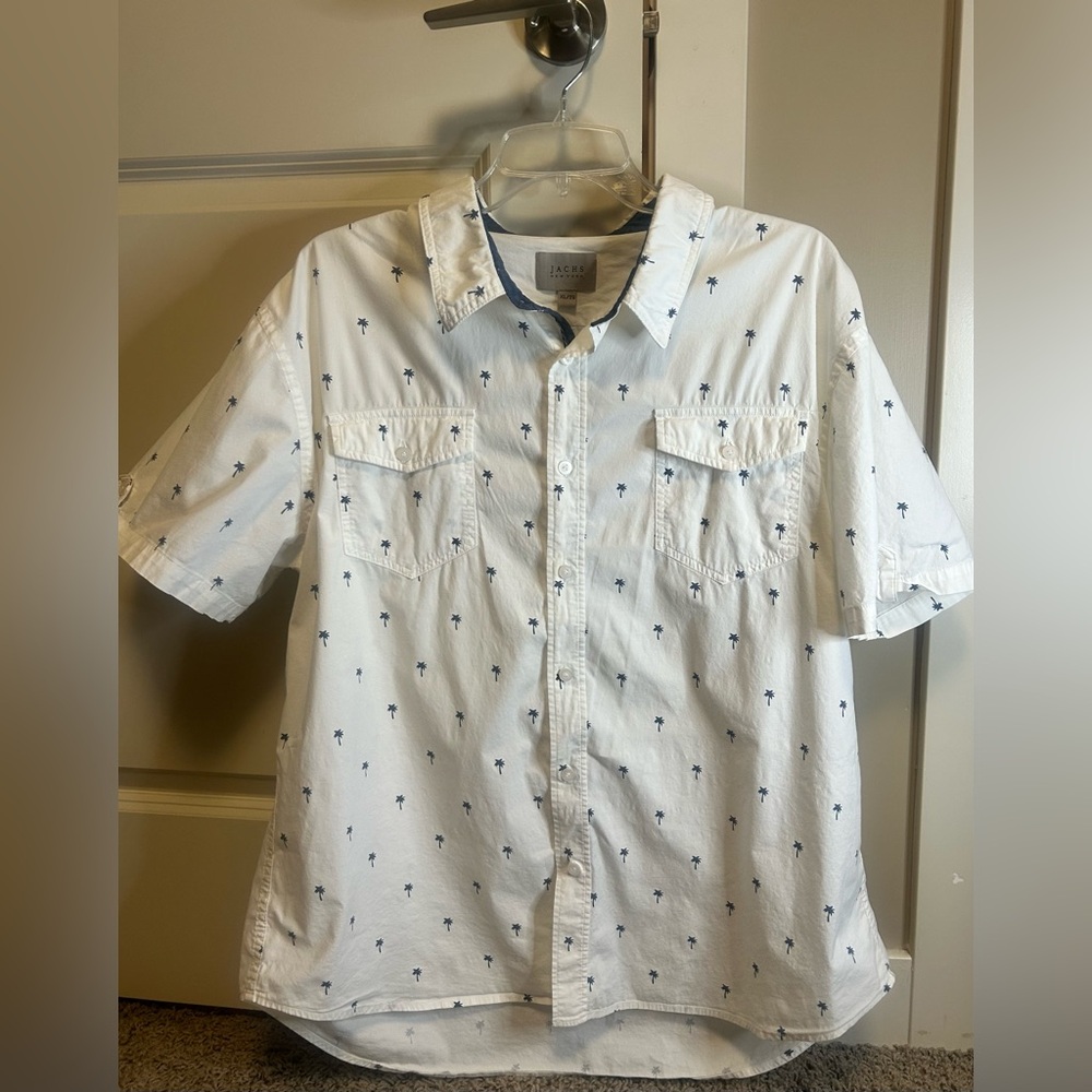 Men’s XL button up short sleeve white shirt with mini palm tree design print
